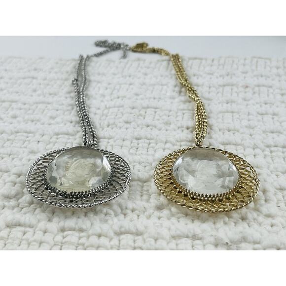 Set 2 Vintage Whiting Davis Clear Intaglio Cameo Pendant Necklace Silver Gold To - Picture 5 of 12